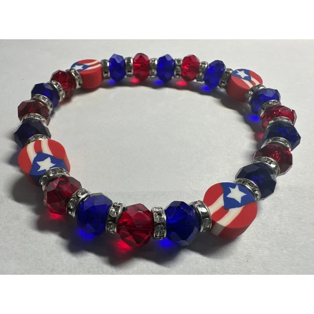 Puerto Rico Flag Beaded Elastic Stretch Bracelet Red Blue Bangle Jewelry